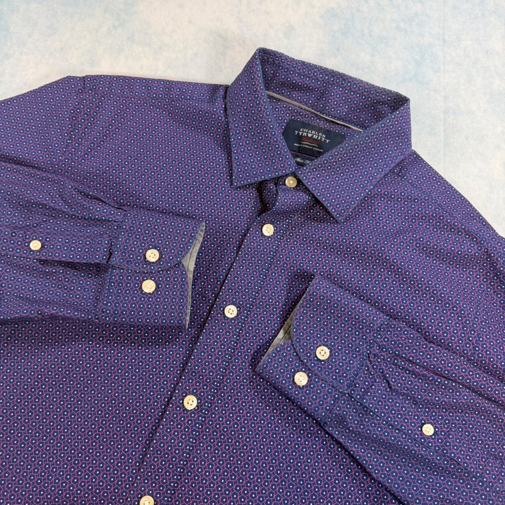 Charles Tyrwhitt Button Down Mens L Purple Excellent Slim Fit Geometric Print